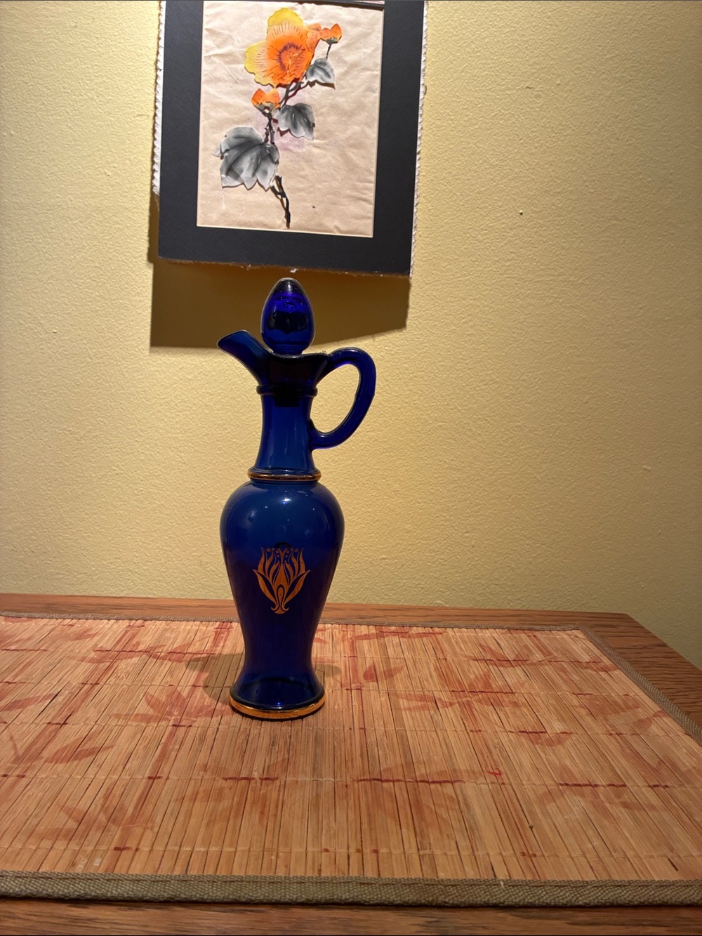 Cobalt Blue Glass Cruet with Gold Accent